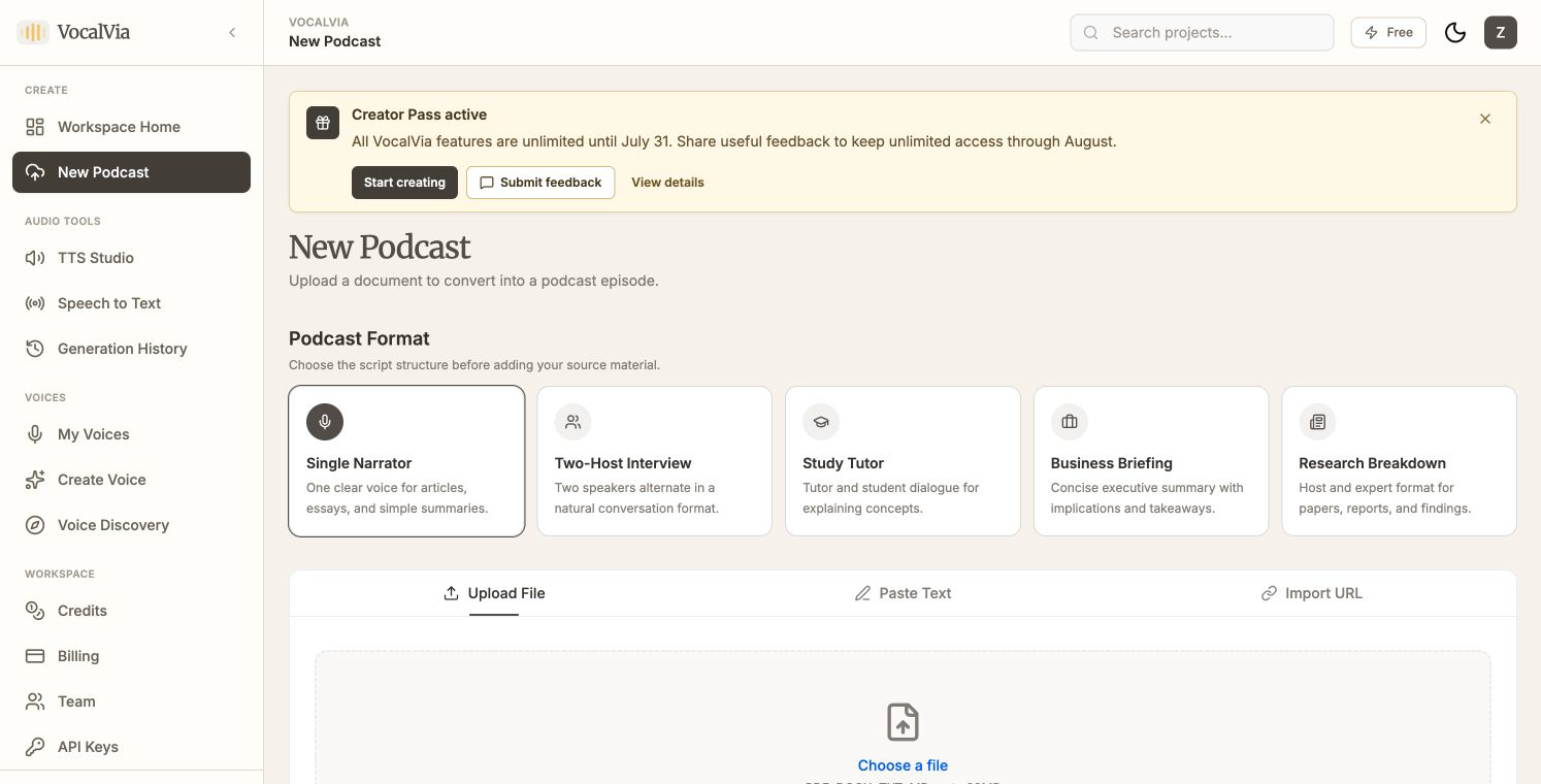 VocalVia New Podcast workspace with file, text, and URL source options