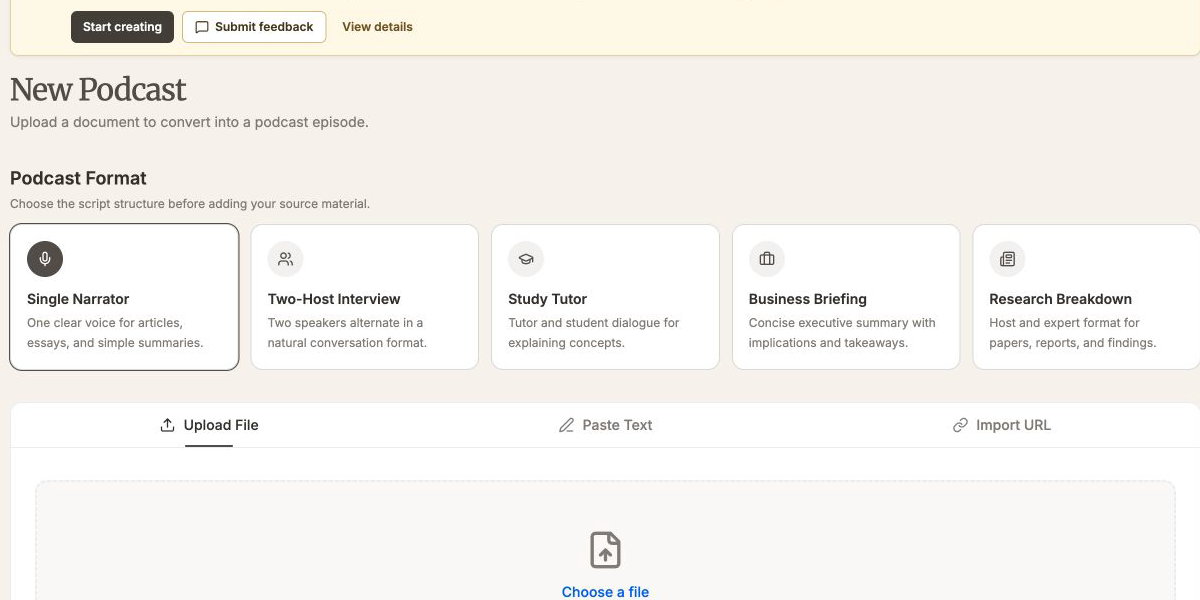 Choose a podcast format before uploading a PDF in VocalVia