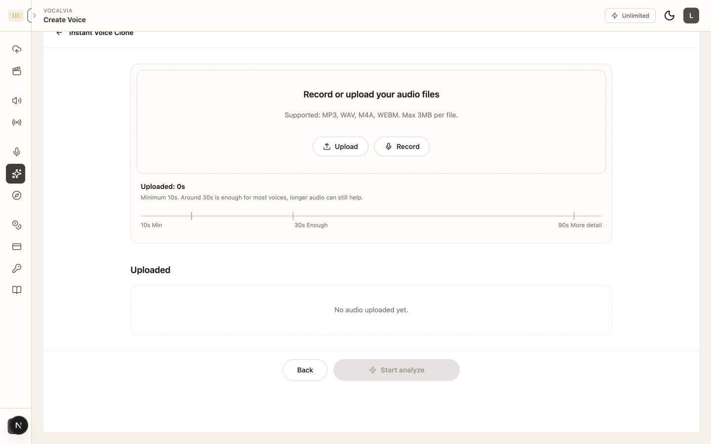 VocalVia Instant Voice Clone page for recording or uploading a voice sample